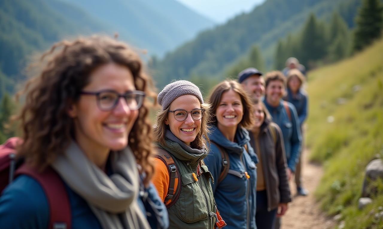 Lachende Wandergruppe auf einem Bergpfad