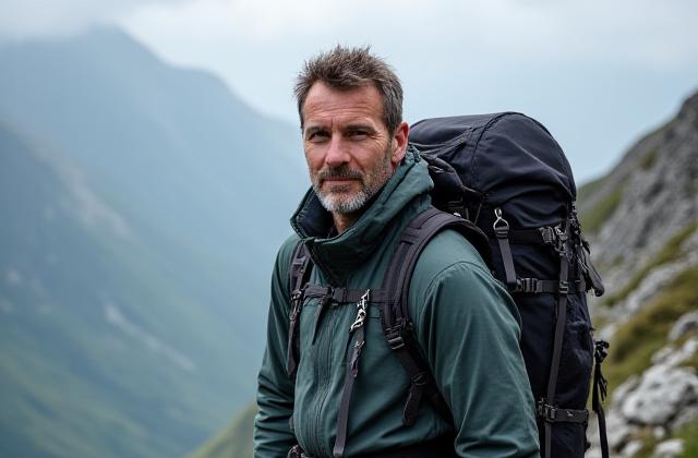 Professionelles Porträt von Maximilian, einem erfahrenen Trekking-Guide, mit Rucksack in den Bergen