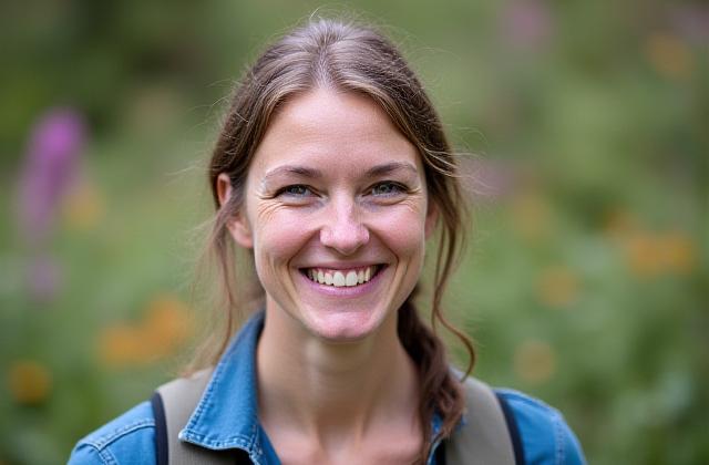 Professionelles Porträt von Sophia, einer Bergführerin, lächelnd in der Natur